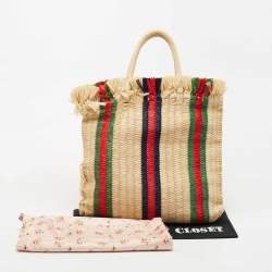 Pre Owned Gucci Natural/Multicolor Woven Straw Cestino Tote