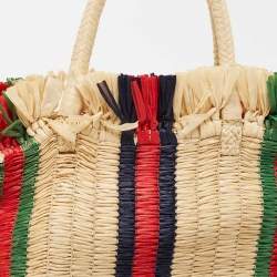 Pre Owned Gucci Natural/Multicolor Woven Straw Cestino Tote