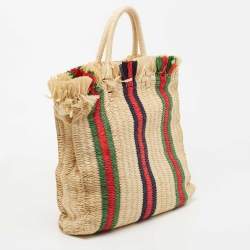 Pre Owned Gucci Natural/Multicolor Woven Straw Cestino Tote
