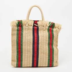Pre Owned Gucci Natural/Multicolor Woven Straw Cestino Tote