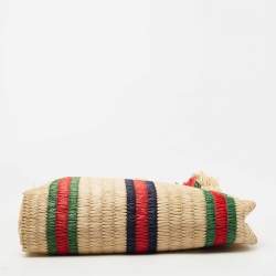 Pre Owned Gucci Natural/Multicolor Woven Straw Cestino Tote
