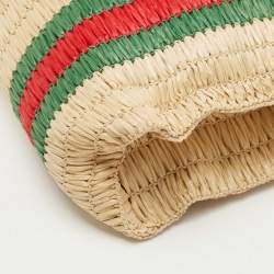 Pre Owned Gucci Natural/Multicolor Woven Straw Cestino Tote