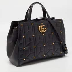 Pre Owned Gucci Black  Matelassé Leather Medium GG Marmont Tote