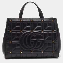Pre Owned Gucci Black  Matelassé Leather Medium GG Marmont Tote