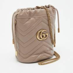 Pre Owned Gucci Beige Matelassé Leather Mini GG Marmont Torchon Bucket Bag