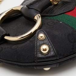 Pre Owned Gucci Black GG Canvas and Leather Horsebit Chain Shoulder Bag