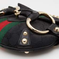 Pre Owned Gucci Black GG Canvas and Leather Horsebit Chain Shoulder Bag