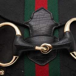 Pre Owned Gucci Black GG Canvas and Leather Horsebit Chain Shoulder Bag