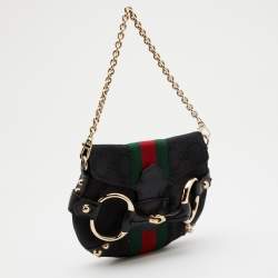 Pre Owned Gucci Black GG Canvas and Leather Horsebit Chain Shoulder Bag