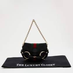 Pre Owned Gucci Black GG Canvas and Leather Horsebit Chain Shoulder Bag