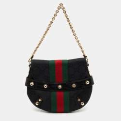 Pre Owned Gucci Black GG Canvas and Leather Horsebit Chain Shoulder Bag