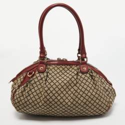 Pre Owned Gucci Red/Beige Diamante Canvas and Leather Medium Sukey Boston Bag