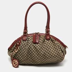 Pre Owned Gucci Red/Beige Diamante Canvas and Leather Medium Sukey Boston Bag