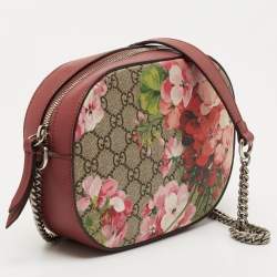Gucci Old Rose GG Supreme Blooms Canvas and Leather Mini Chain Crossbody Bag