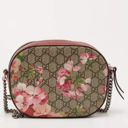 Gucci Old Rose GG Supreme Blooms Canvas and Leather Mini Chain Crossbody Bag