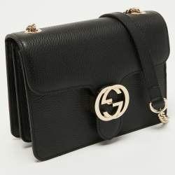 Pre Owned Gucci Black Leather Dollar Interlocking G Crossbody Bag