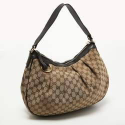Pre Owned Gucci Beige/Black GG Canvas and Leather Medium Sukey Hobo