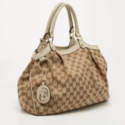 Pre Owned Gucci Beige GG Canvas and Leather Medium Sukey Tote