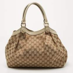 Pre Owned Gucci Beige GG Canvas and Leather Medium Sukey Tote