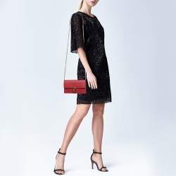 Pre Owned Gucci Red Leather Interlocking G Flap Chain Clutch 