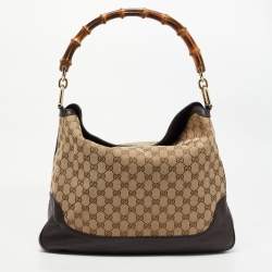 Pre Owned حقيبة كتف غوتشي بامبو جلد وكانفاس جي جي بيج/عاجي