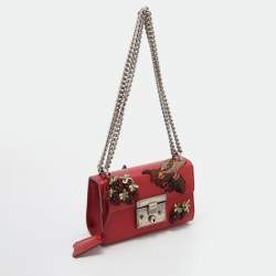 Pre Owned Gucci Red Sequin & Beaded Embellished Leather Small Padlock Shoulder Bag