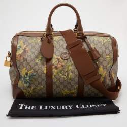 Pre Owned Gucci Beige/Brown Carnation Print GG Supreme Canvas and Leather Carry On Duffel Bag