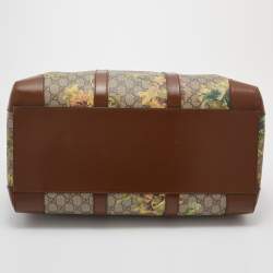 Pre Owned Gucci Beige/Brown Carnation Print GG Supreme Canvas and Leather Carry On Duffel Bag