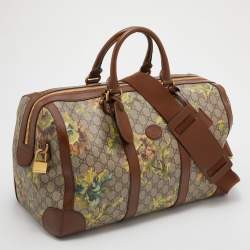 Pre Owned Gucci Beige/Brown Carnation Print GG Supreme Canvas and Leather Carry On Duffel Bag