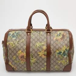Pre Owned Gucci Beige/Brown Carnation Print GG Supreme Canvas and Leather Carry On Duffel Bag