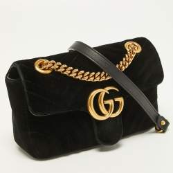 Gucci Black Matelasse Velvet Mini GG Marmont Shoulder Bag