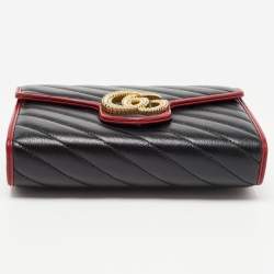 Gucci Black/Red Diagonal Quilt Leather GG Marmont Torchon Wallet on Chain