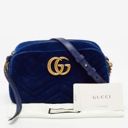 Gucci Blue Matelassé Velvet Small GG Marmont Shoulder Bag