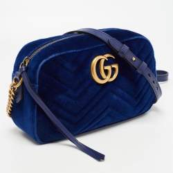 Gucci Blue Matelassé Velvet Small GG Marmont Shoulder Bag