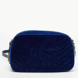 Gucci Blue Matelassé Velvet Small GG Marmont Shoulder Bag