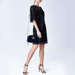 Gucci Blue Matelassé Velvet Small GG Marmont Shoulder Bag