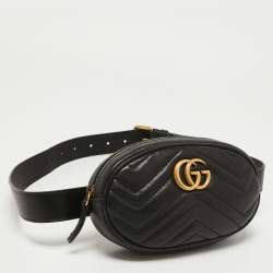 Pre Owned Gucci Black Matelassé Leather GG Marmont Belt Bag