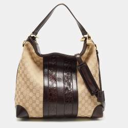 Pre Owned Gucci Beige/Brown GG Canvas and Alligator Medium Secret Hobo
