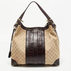 Pre Owned Gucci Beige/Brown GG Canvas and Alligator Medium Secret Hobo