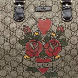 Pre Owned Gucci Beige/Ebony GG Supreme Canvas Medium Tattoo Heart Joy Boston Bag