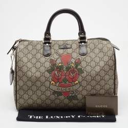 Pre Owned Gucci Beige/Ebony GG Supreme Canvas Medium Tattoo Heart Joy Boston Bag