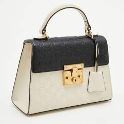 Pre Owned Gucci Off White/Black Guccissima Leather Small Padlock Top Handle Bag