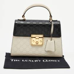 Pre Owned Gucci Off White/Black Guccissima Leather Small Padlock Top Handle Bag