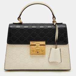 Pre Owned Gucci Off White/Black Guccissima Leather Small Padlock Top Handle Bag