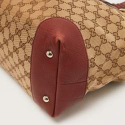 Pre Owned Gucci Red/Beige GG Canvas and Leather Medium Supreme Web Dressage Tote
