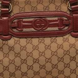 Pre Owned Gucci Red/Beige GG Canvas and Leather Medium Supreme Web Dressage Tote