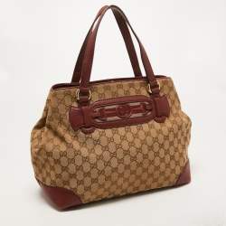 Pre Owned Gucci Red/Beige GG Canvas and Leather Medium Supreme Web Dressage Tote