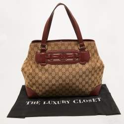 Pre Owned Gucci Red/Beige GG Canvas and Leather Medium Supreme Web Dressage Tote