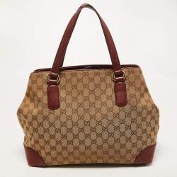 Pre Owned Gucci Red/Beige GG Canvas and Leather Medium Supreme Web Dressage Tote