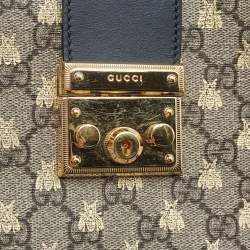 Pre Owned Gucci Black/Beige Bee Print GG Supreme Canvas Medium Padlock Shoulder Bag